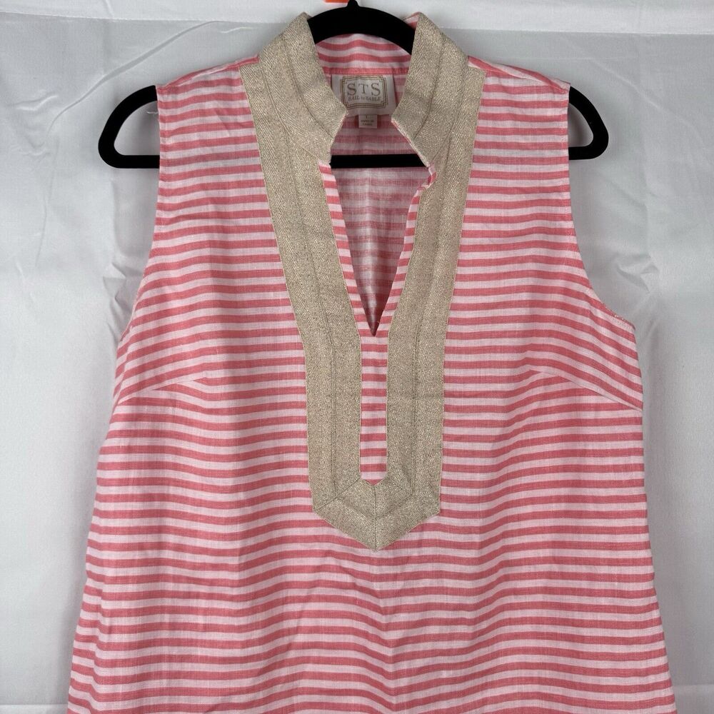 Sail to Sable 100% Linen Tunic Mini Dress With Golden Trim - Picture 3 of 9